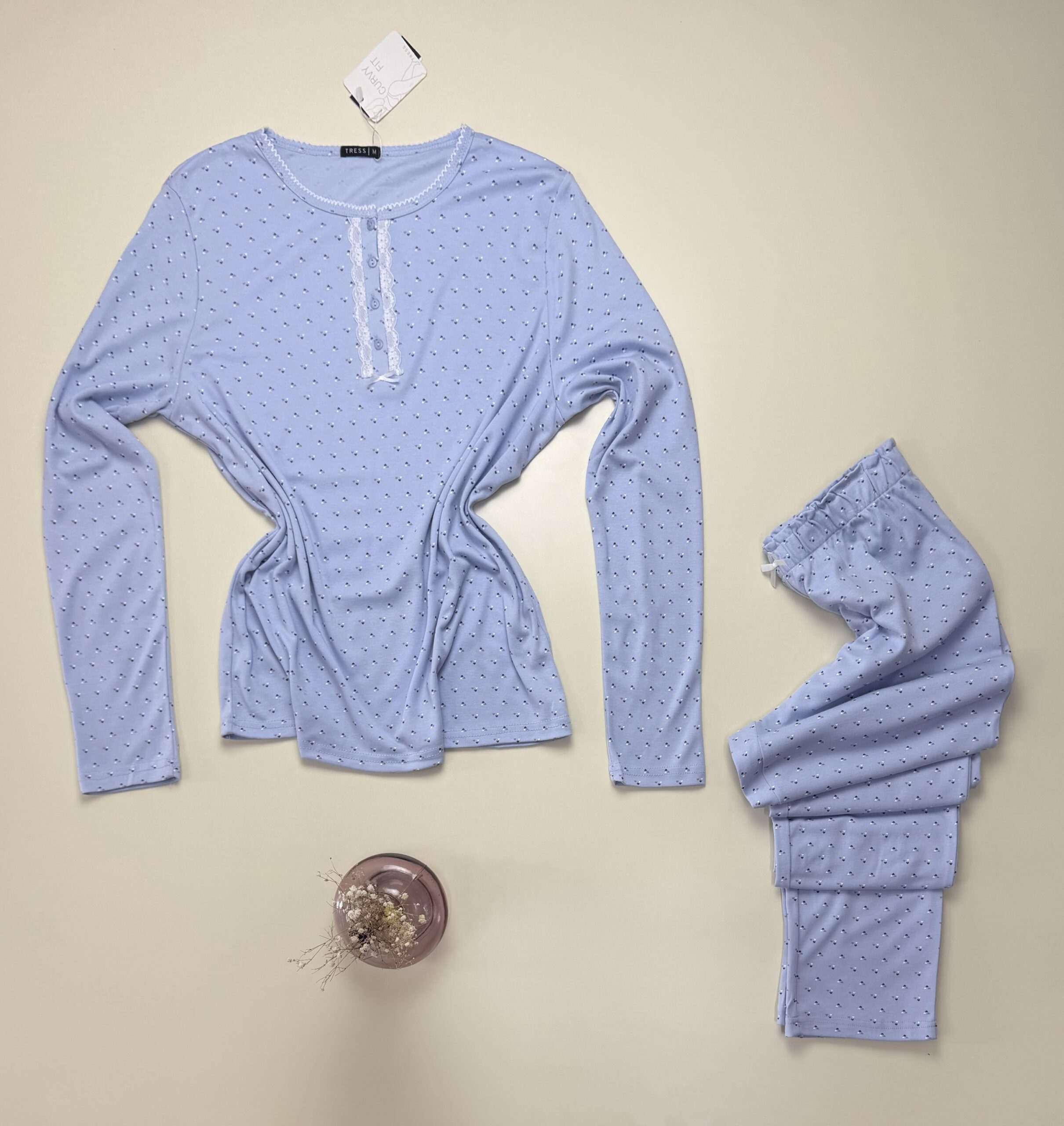 Pyjama pantalon haut manche longue - Tress - Coton " Bleu " – Image 3