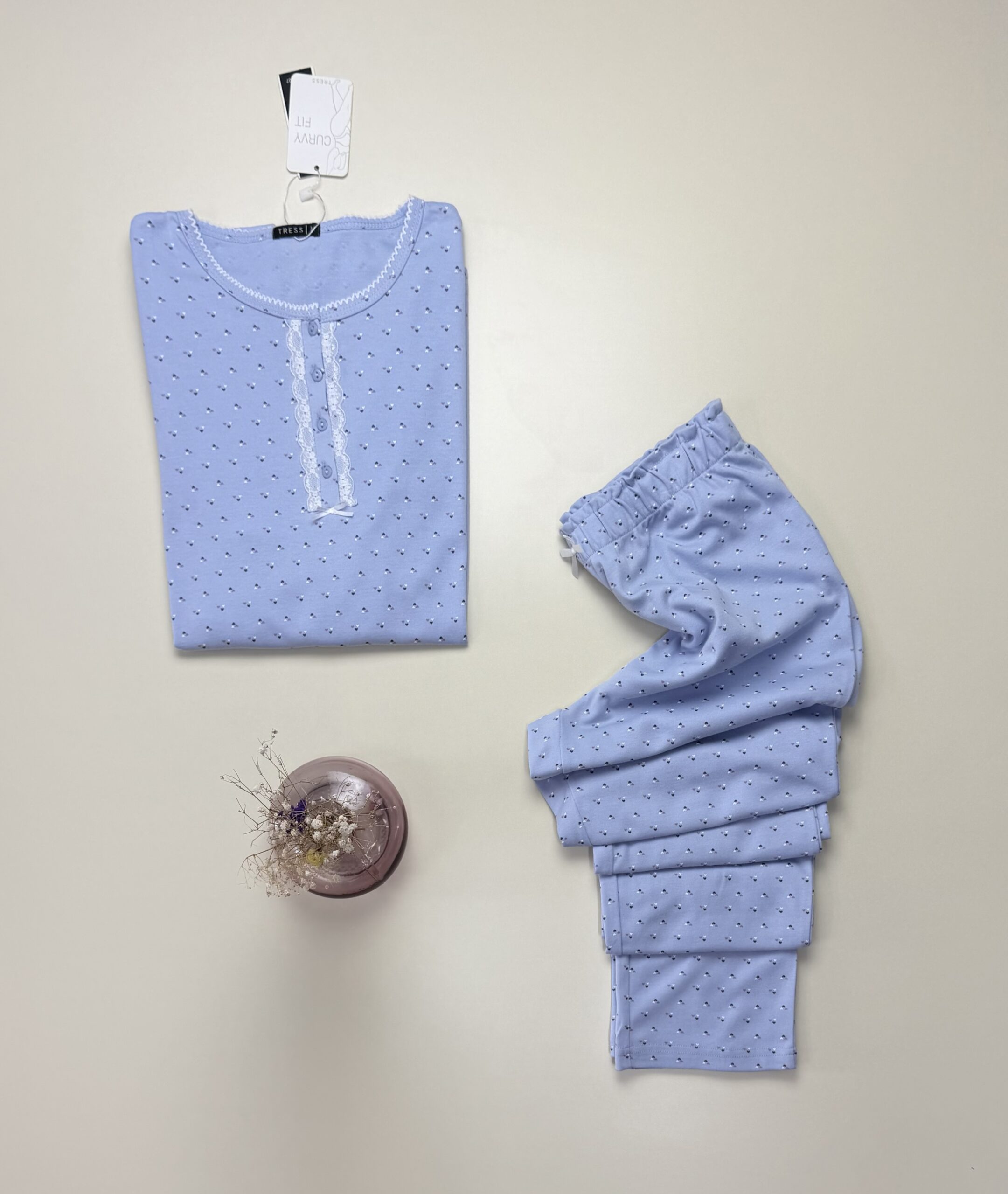 Pyjama pantalon haut manche longue - Tress - Coton " Bleu " – Image 2