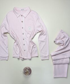 Pyjama boutonné haut manche longue - Tress - " à carreaux rose " – Image 3