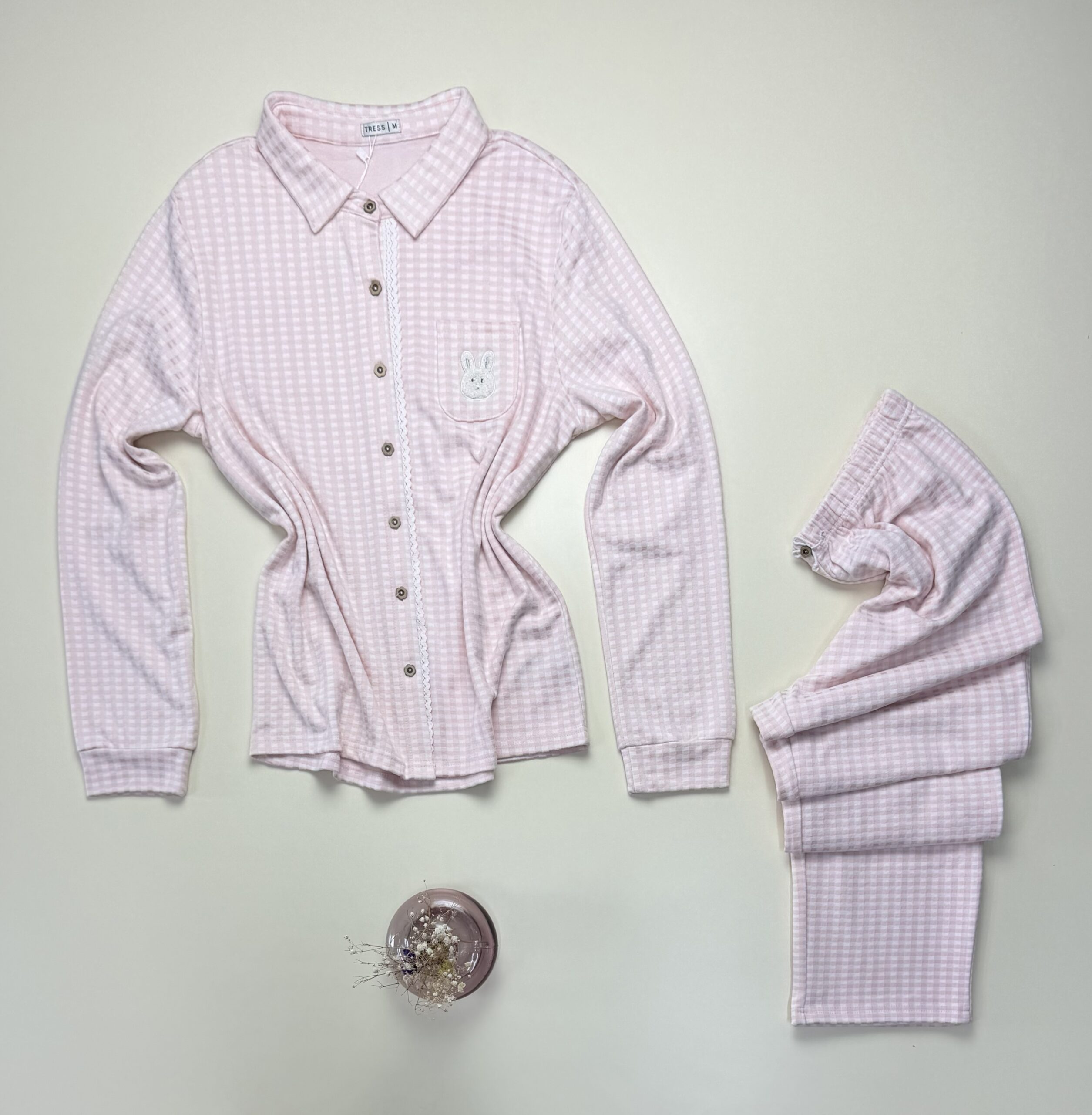 Pyjama boutonné haut manche longue - Tress - " à carreaux rose " – Image 3
