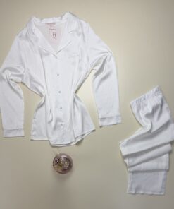 Pyjama boutonné en satin à motif cœur " Blanc" -H- – Image 3